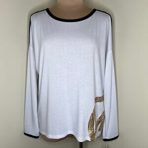 M Michael Kors Ringer Tee Medium Womens White Gold Logo Relaxed Long Sleeve New